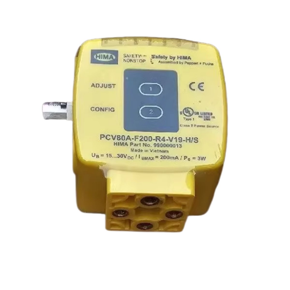 HIMA 239501 PCV80A-F200-R4-V19-H/S optical reading head with IP67, 8-pin M12 connector, compact 70x70x50 mm design, 160 g weight.