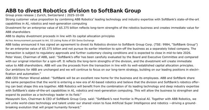 ABB's statement on the sale of its robotics business. Image source: ABB official website