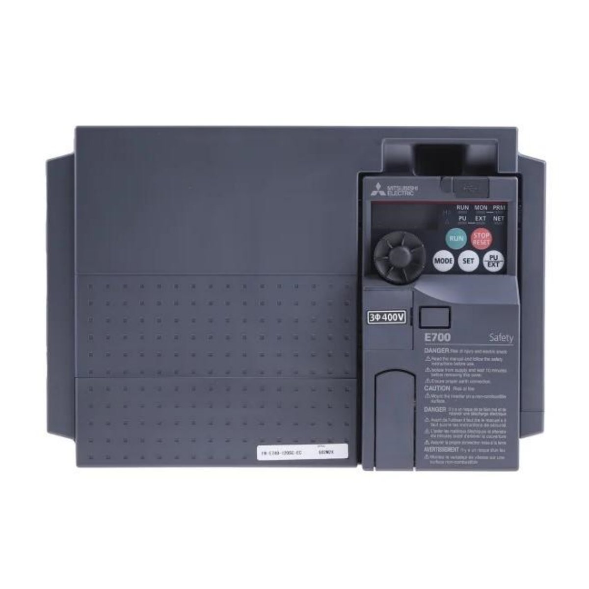 Mitsubishi FR-E740-3.7K-CHT inverter. 3.7 kW, 380–480V, vector/V-f control, IP20, digital interface, energy-efficient industrial motor drive.