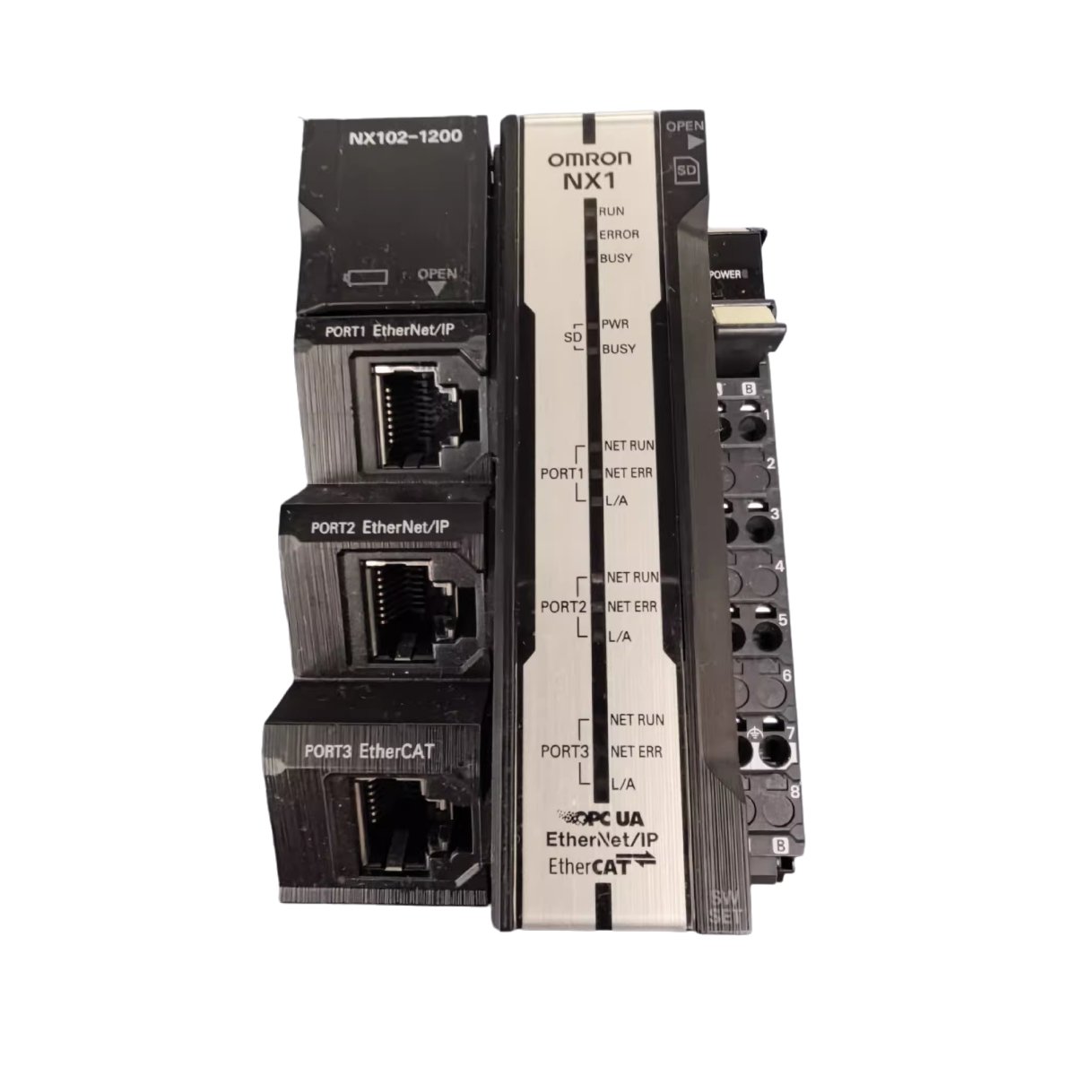 OMRON NX102-1200 Sysmac NX1 CPU, 5MB program, 33.5MB data, EtherCAT & OPC-UA, 8-axis motion control, compact 470g design.