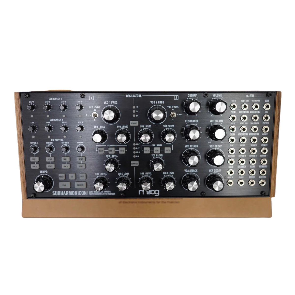 Moog Subharmonicon, semi-modular analog synth, 6-tone engine, polyrhythmic sequencers, 32-jack patchbay, 20–3,000 BPM, compact and versatile.