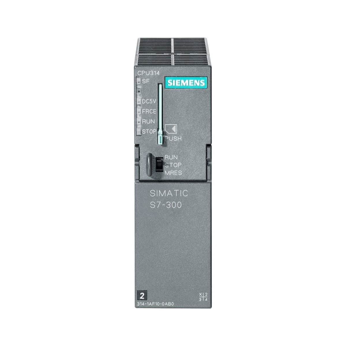 Siemens 6ES7314-1AG14-0AB0 CPU 314—128 KB memory, RS 485 interface, 24V DC, compact DIN rail design, made in Germany.