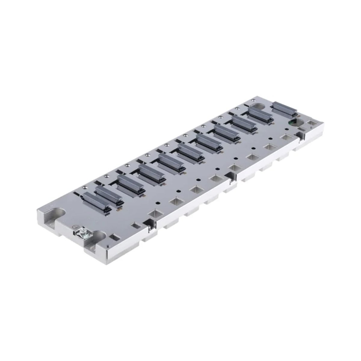 Schneider Electric BMXXBP0800 I/O rack with 8 slots, low 2.21 W power use, XBE expansion, and flexible mounting options.