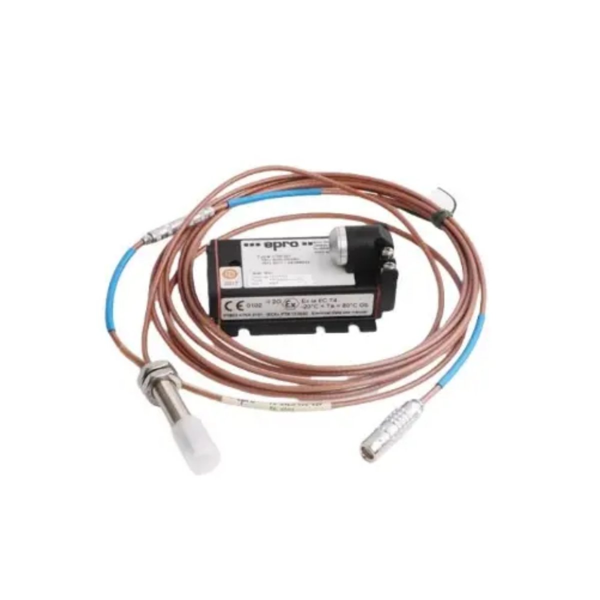 Emerson PR6423/004-010 eddy current sensor with 0–10 mm range, 1 ms response, ±0.1% linearity, and stainless-steel design for industrial machinery monitoring.