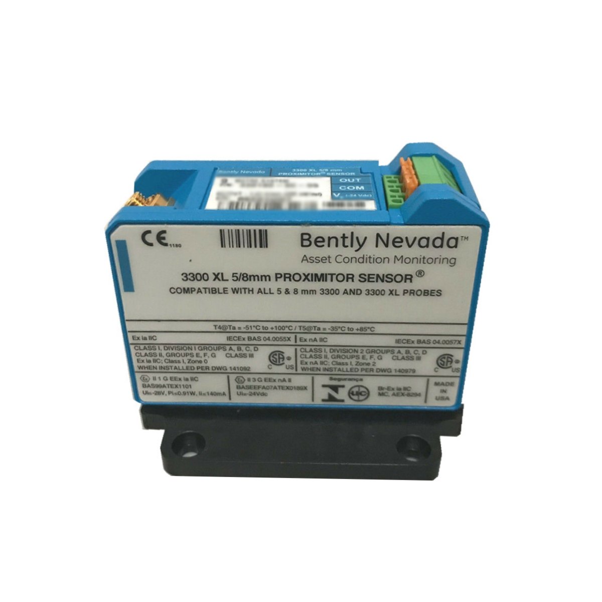 Bently Nevada 330180-91-CN 3300 XL Proximitor Sensor, 0-10 kHz, -51°C to +100°C, 9m DIN mount, 330 ohms, 0.7 kg, U.S.A made