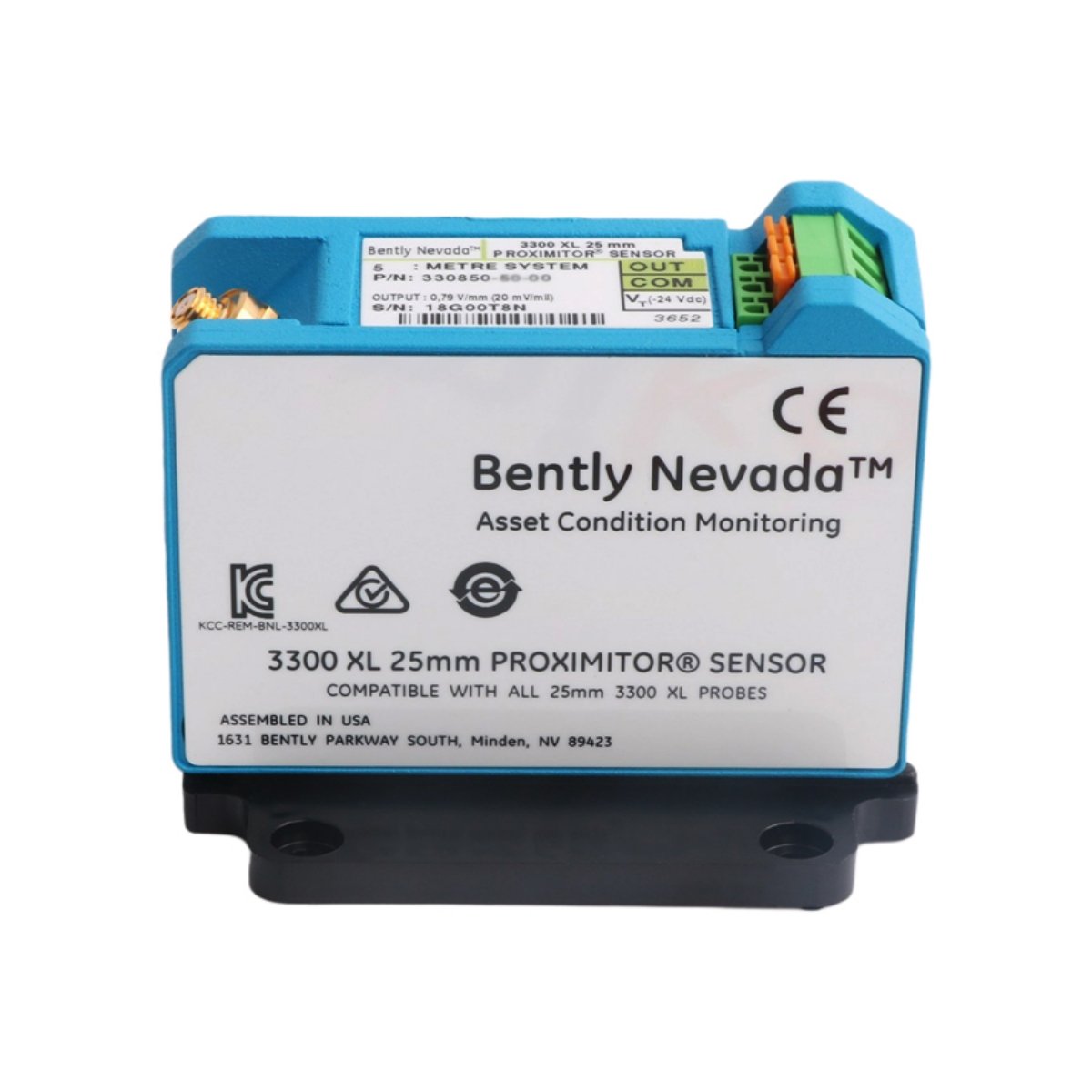 Bently Nevada 330850-91-00 3300 XL 25 mm Proximitor Sensor, ±0.5% accuracy, 0-15 kHz, -24 VDC, 9m DIN mount, made in U.S.A