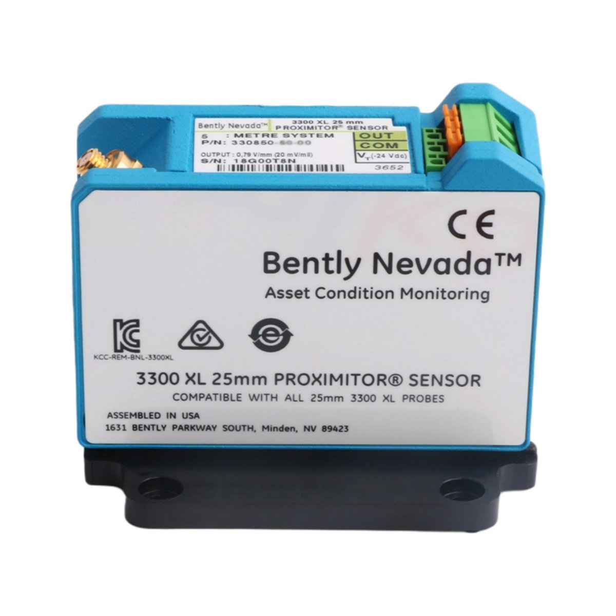 Bently Nevada 330850-91-CN, 25mm 3300 XL Proximitor, DC–10kHz, 4–20mA/0–10V, -40°C to +85°C, stainless steel, USA-made sensor.