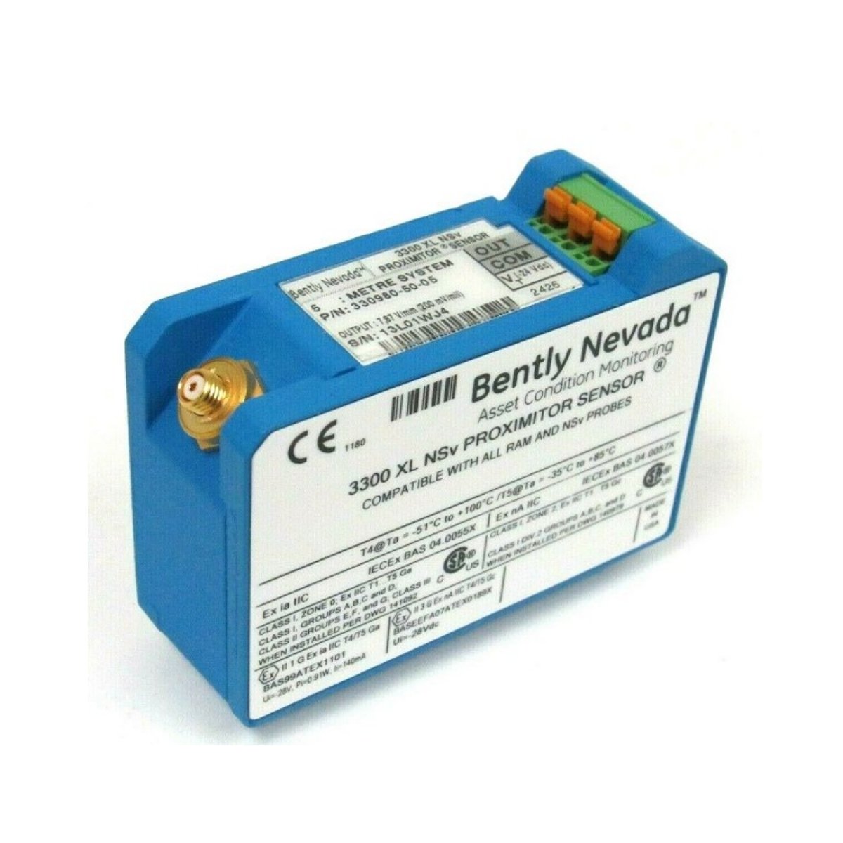 Bently Nevada 330878-X1-00 3300 XL Proximitor Sensor, 50 mm range, 4–20 mA/0–10 V output, stainless steel housing, up to 15 m cable.