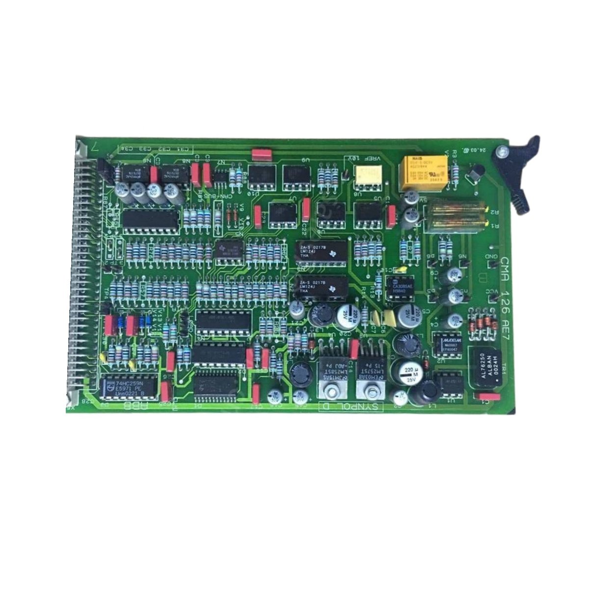 ABB CMA124 card panel 3DDE300404 with 24V DC input, 200 mA load, wide temperature range, and Synpol D system compatibility.