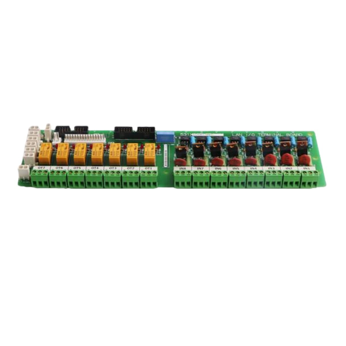 GE 531X307LTBAKG1 LAN terminal interface board. 8 inputs (2-240V), 7 Form C relay outputs, for GE drives & exciters. Signal conditioning & network interface.