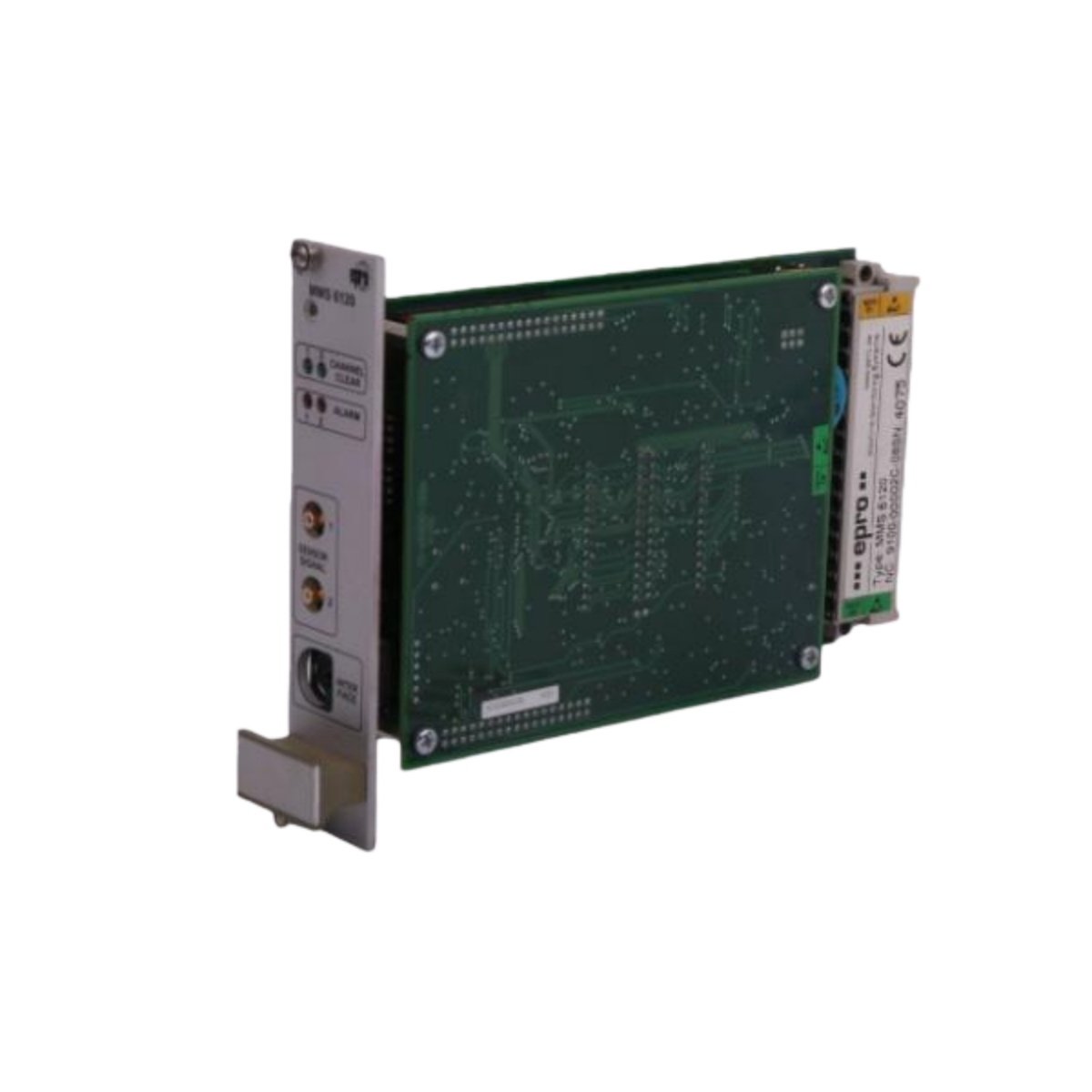 EPRO MMS6120 dual-channel bearing vibration monitor. 10-1000Hz, galvanic isolation, 2 alarms/channel, -40°C to 70°C. For predictive maintenance.