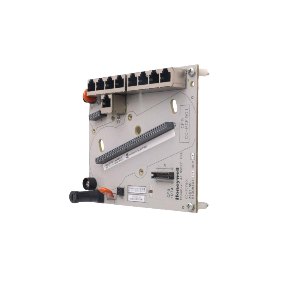 The Honeywell CC-TCF901 is a 9-port control firewall for Experion 300. It provides secure network segmentation and 24VDC power distribution (145x121x53mm).