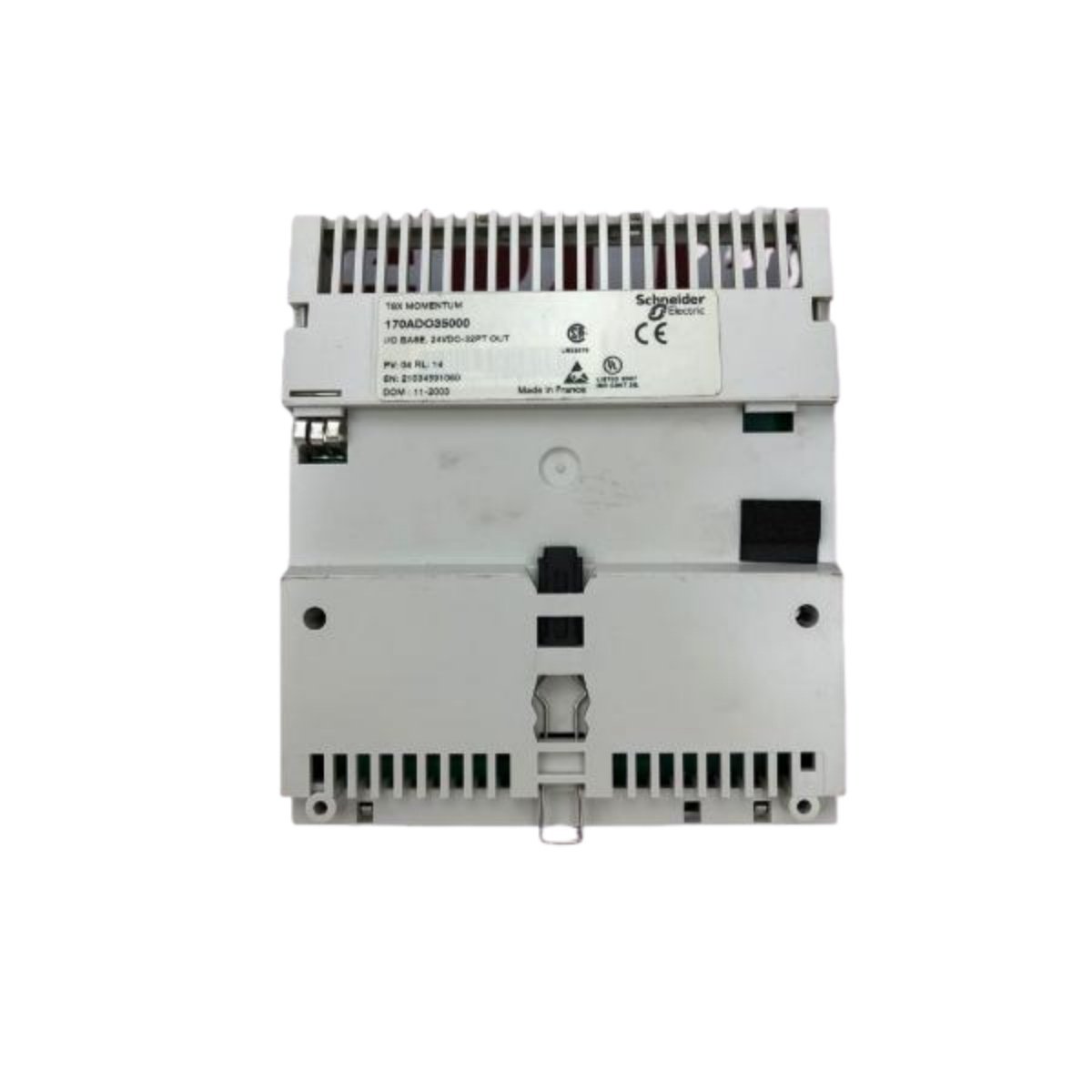 Schneider Electric 170ADO35000: 32-channel solid-state output module, 24VDC, 0.5A/ch, 16A total, with electronic protection for Modicon Momentum.
