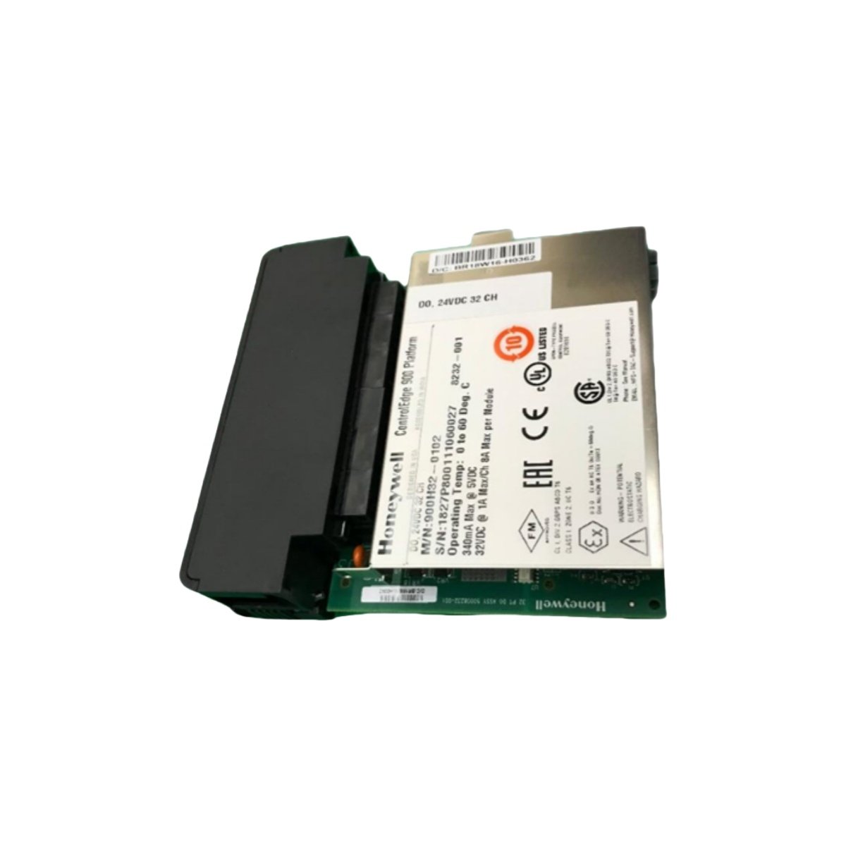 Honeywell 900H32-0102 32-channel digital output module. Specs: 0.5A/ch, 12A total, 10.5-32VDC, with active current limiting & galvanic isolation.