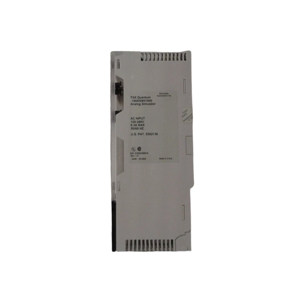 Schneider 140XSM01000 analog I/O simulator for Modicon Quantum. 8 configurable channels, 0-10 VDC or 0-20 mA output. Essential for system testing.