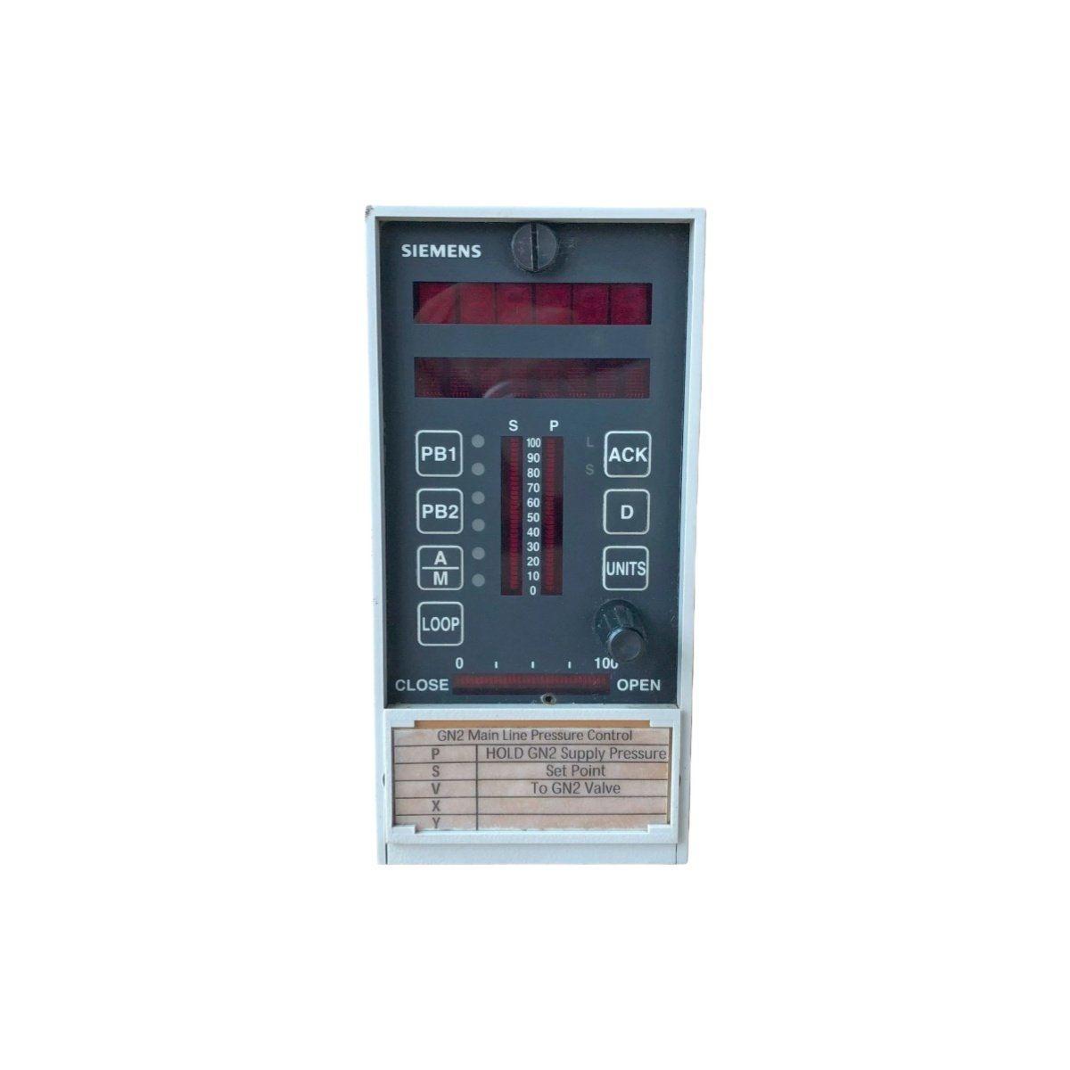 Siemens 353A4FNCNB4 process automation controller with 120-240 VAC input and 47-63 Hz range. Features capacitor banks for ride-through and PID control capabilities.