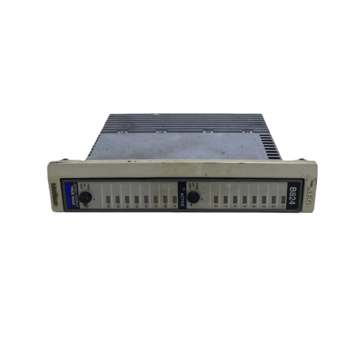 Buy the Schneider ASB824016 discrete output module for Modicon Quantum. Features 16 channels, 24 Vdc, 0.5A per channel, short circuit protection, and LED indicators.