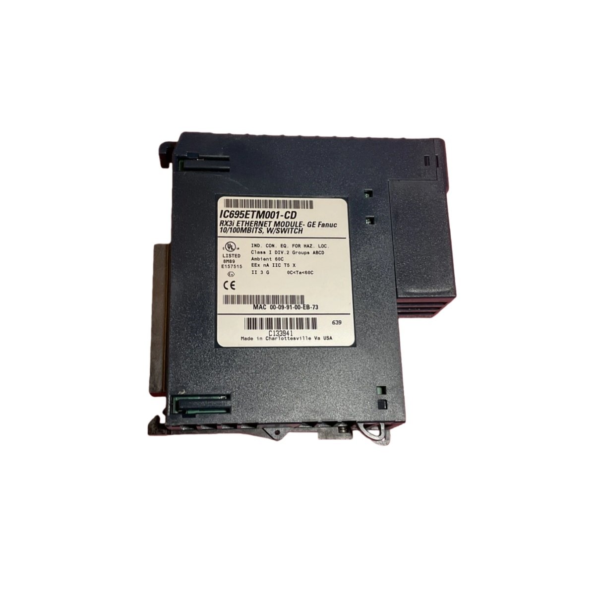 GE IC695ETM001 Ethernet interface module for RX3i PACSystems. 200 MHz processor, dual 10/100 ports with embedded switch, Station Manager serial port.