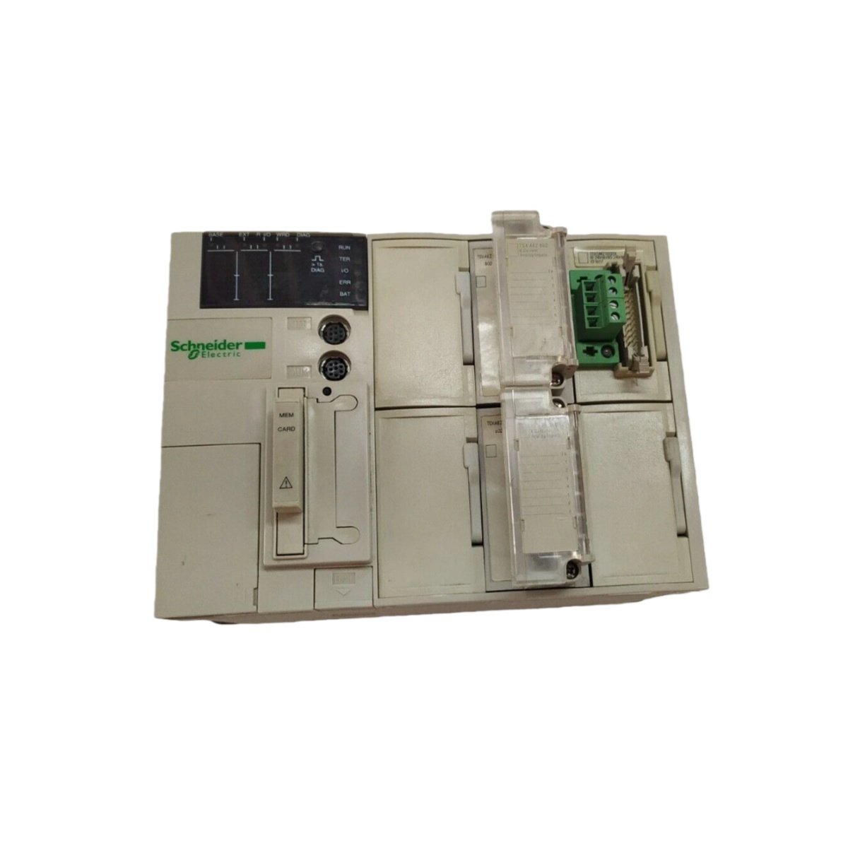 Schneider TSX3721101 TSX Micro PLC base controller with integrated processor, power supply, and I/O. Compact design for small to medium industrial applications.