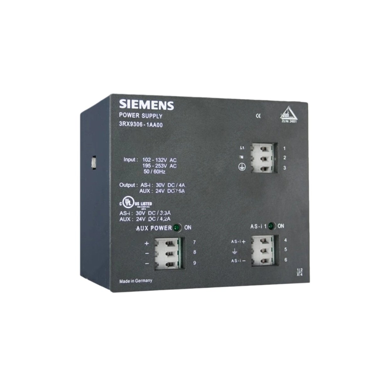 Siemens 3RX9306-1AA00 combined power supply. 24V DC output, 5A current, 120W capacity. 1.4kg weight. Original Siemens module.