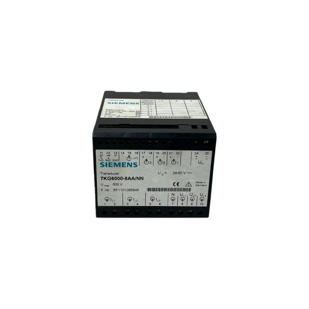 Siemens 7KG6000-8AE/CC input module for SIMEAS R. 8 analog channels, 0.5kg weight, 24V DC. Original Siemens power monitoring.