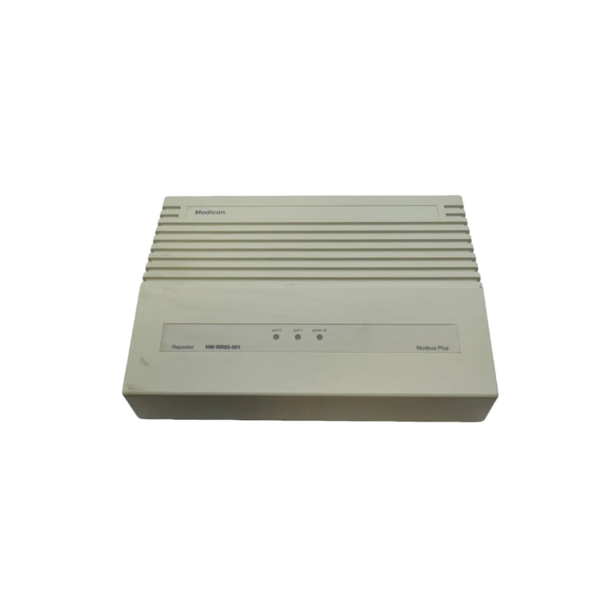 Schneider NWRR85001 Modbus Plus repeater for Modicon Quantum. Features dual ports, dual voltage input, and rack-mounted design for network extension.