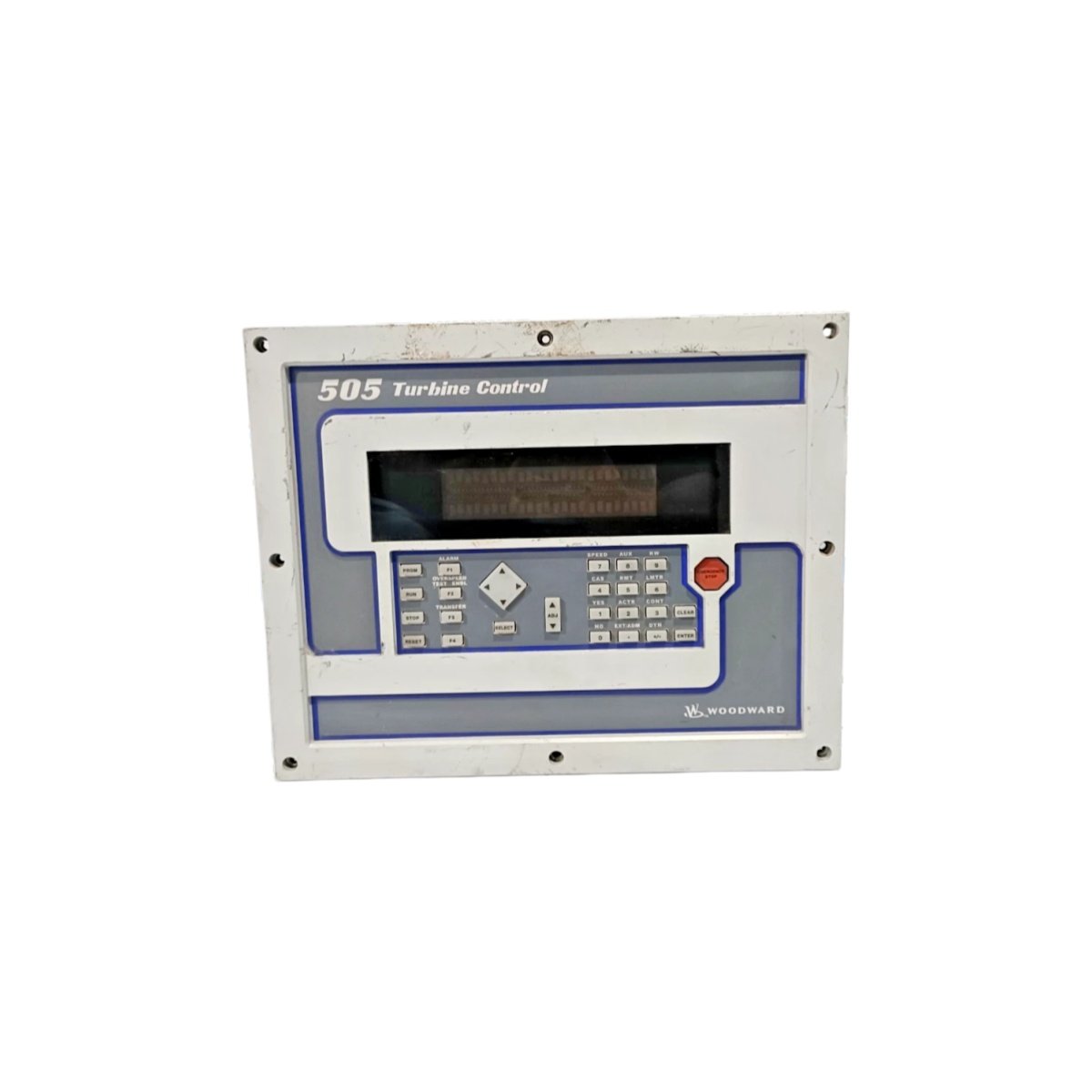 Woodward 9907-1183 digital steam turbine control. 2 magnetic pickup inputs, 4 analog inputs, 2 actuator outputs (0-200mA), Modbus RTU, 2.1kg.
