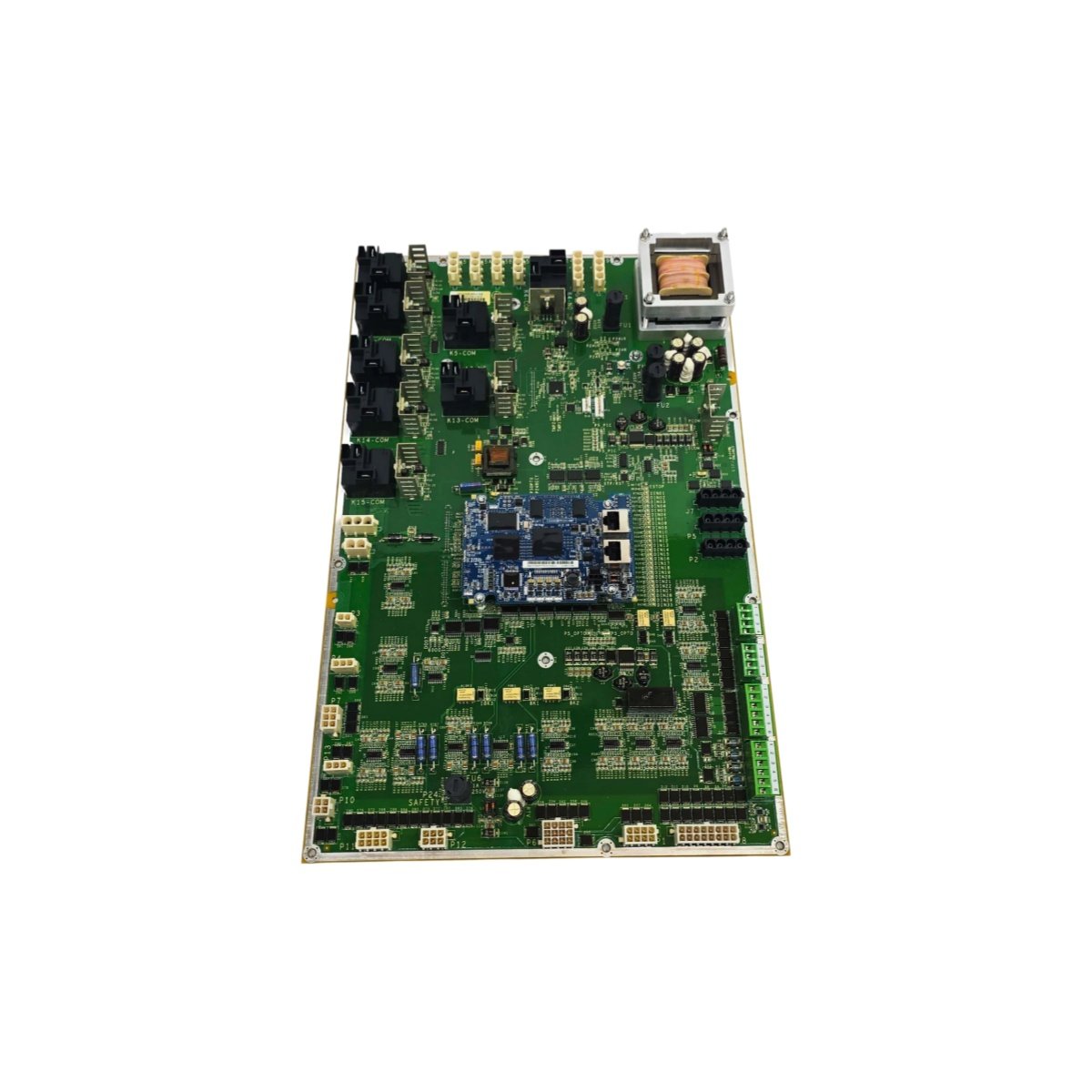 GE IS215WEMAH1BA wind energy main cabinet board. 150MHz DSP, 12 analog inputs, 16 digital inputs, 8 relays, Ethernet and fiber optic.