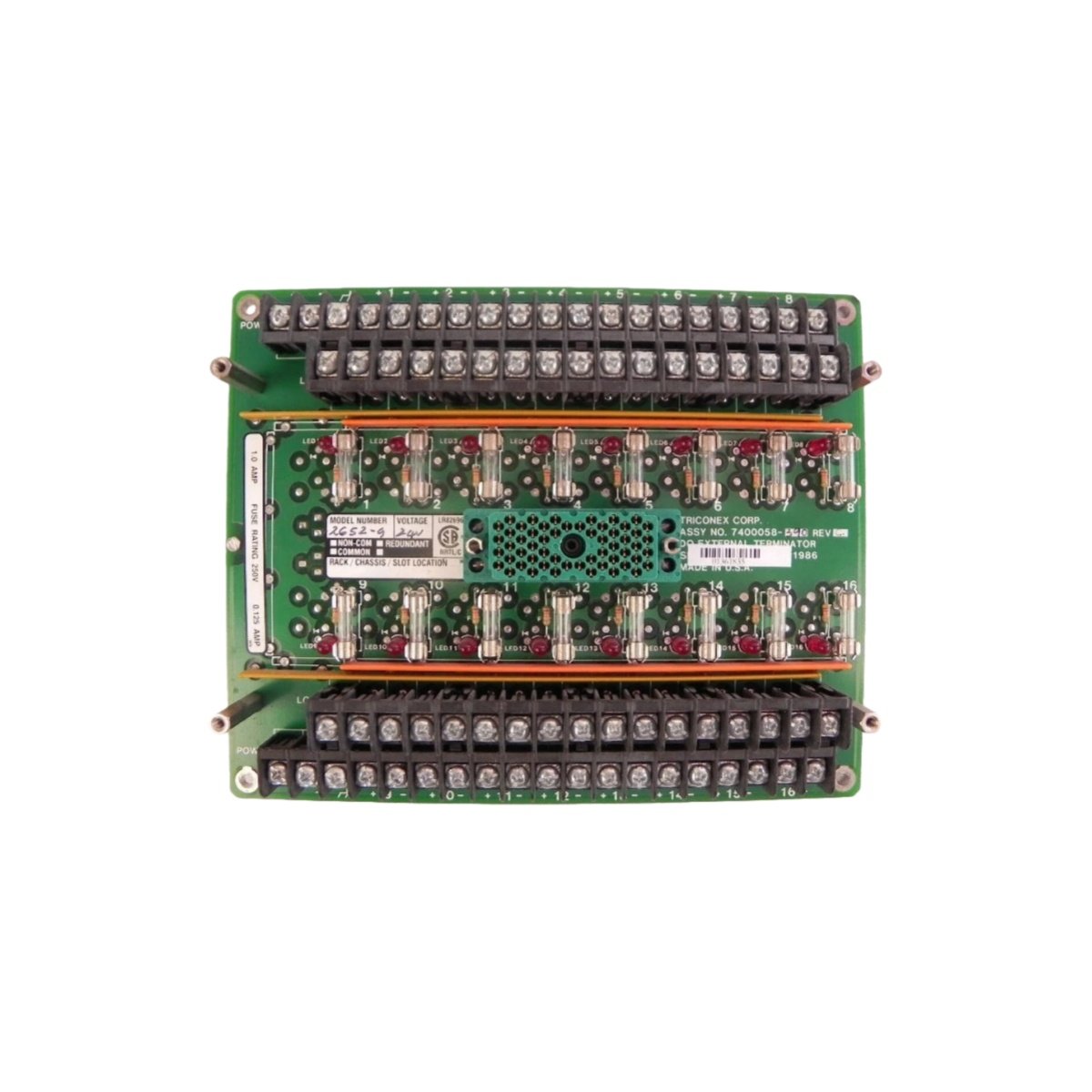 Triconex 2652-9 7400058-390 termination board, 32 isolated channels, -40 to +85°C, SIL 3 support. Field interface for Triconex SIS. In stock.