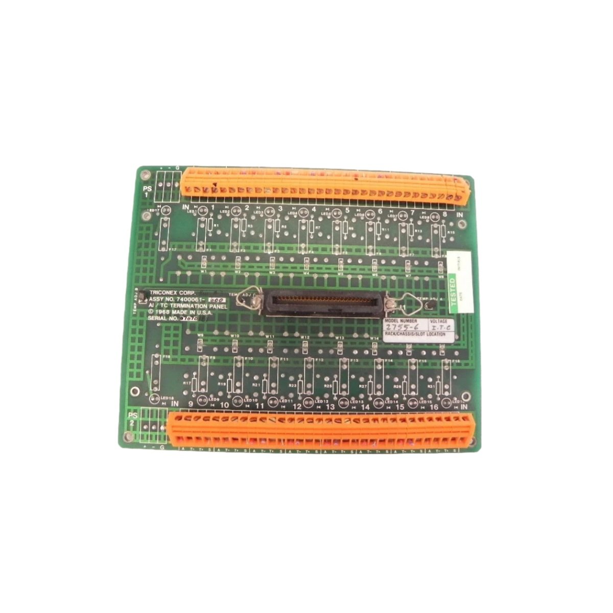 Triconex 2755 7400061-600 termination panel for analog signals. 32-channel marshalling for Tricon safety instrumented system field wiring.
