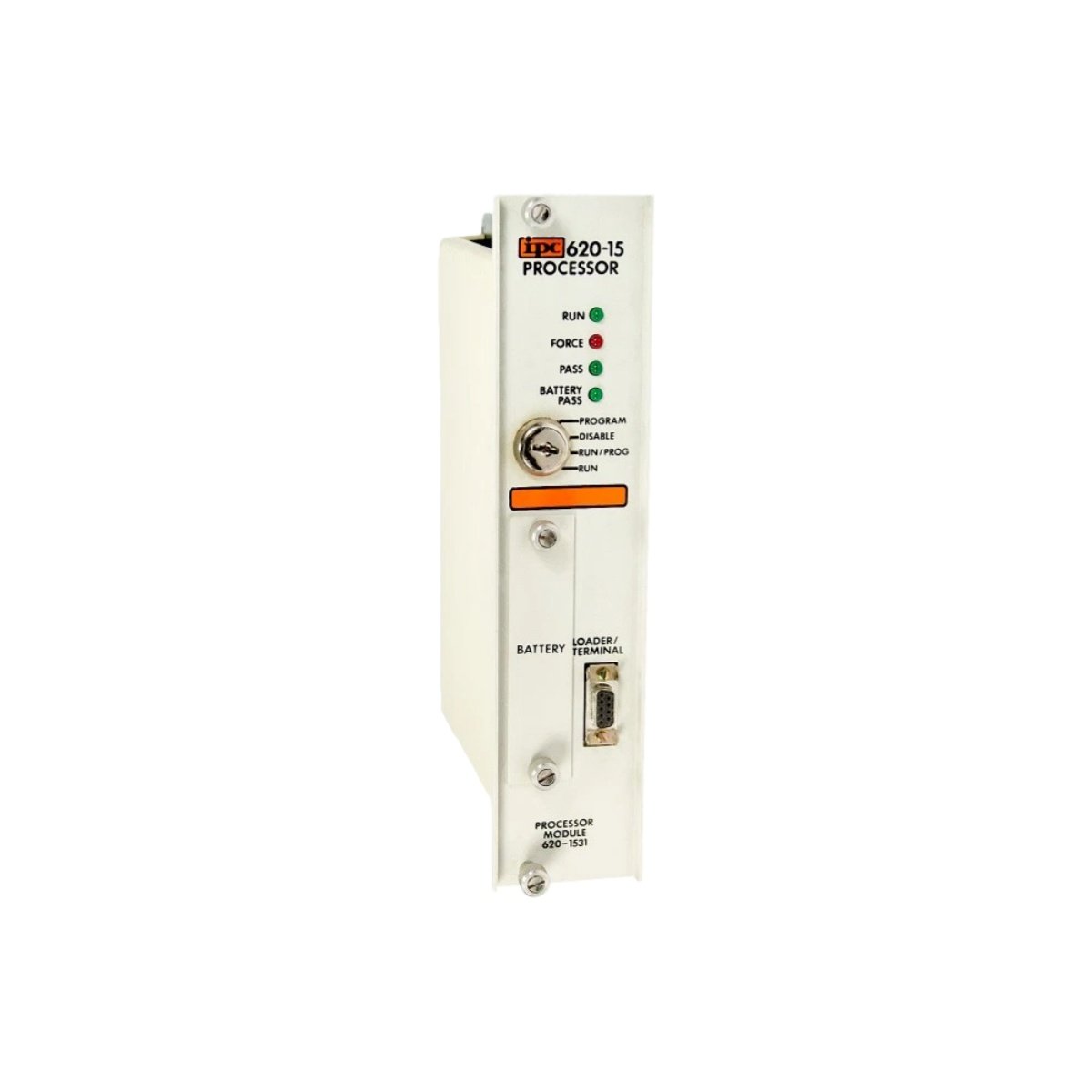 Honeywell 620-1531 processor module with 1K memory, key switch, 4 LEDs. Fits 12-slot IPC rack. Central unit for ISSC 600 safety and security