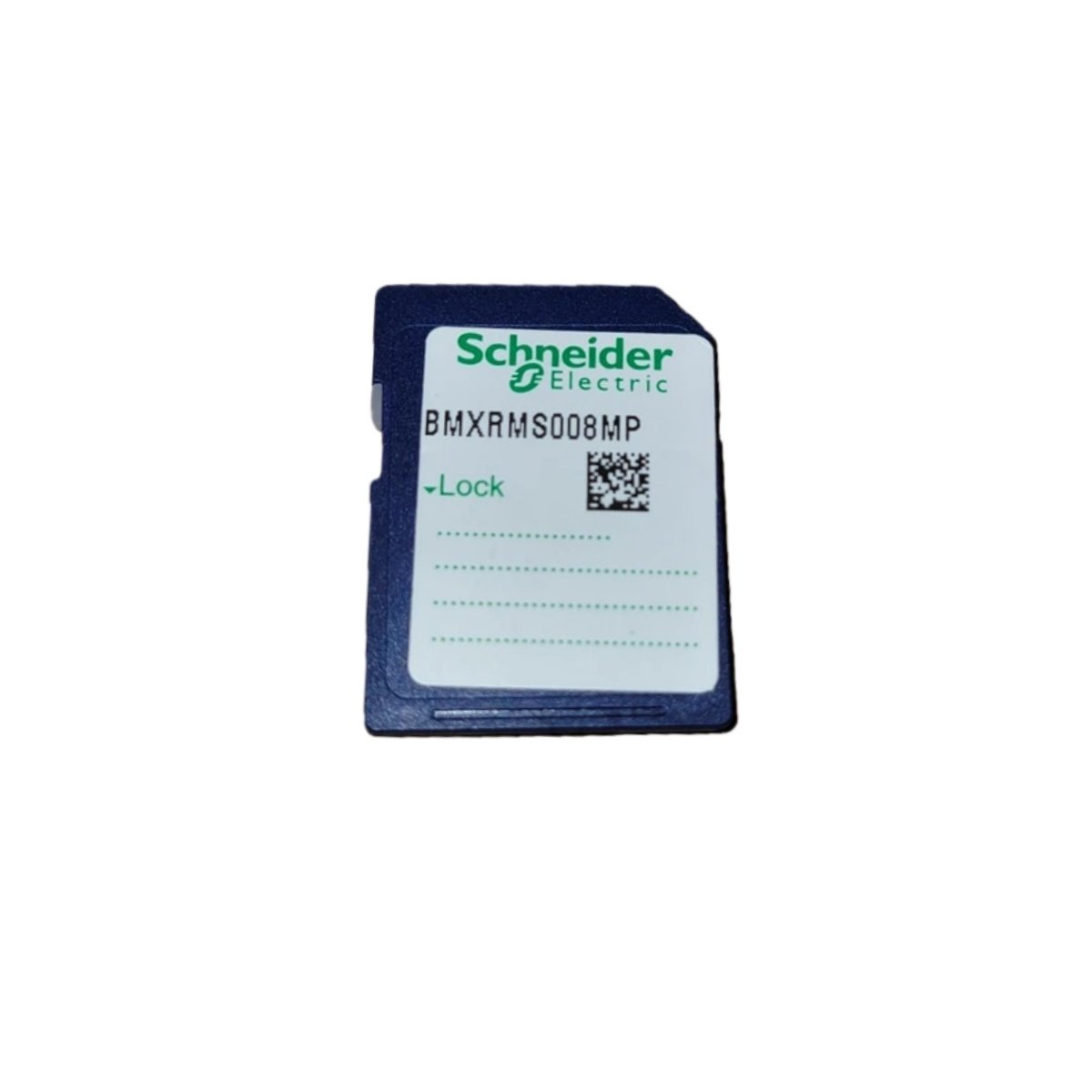 Schneider BMXRMS008MP SD flash memory card. Features 8MB storage, SD form factor, write-protect switch, 0.01kg weight, and 10-year data retention for M340.