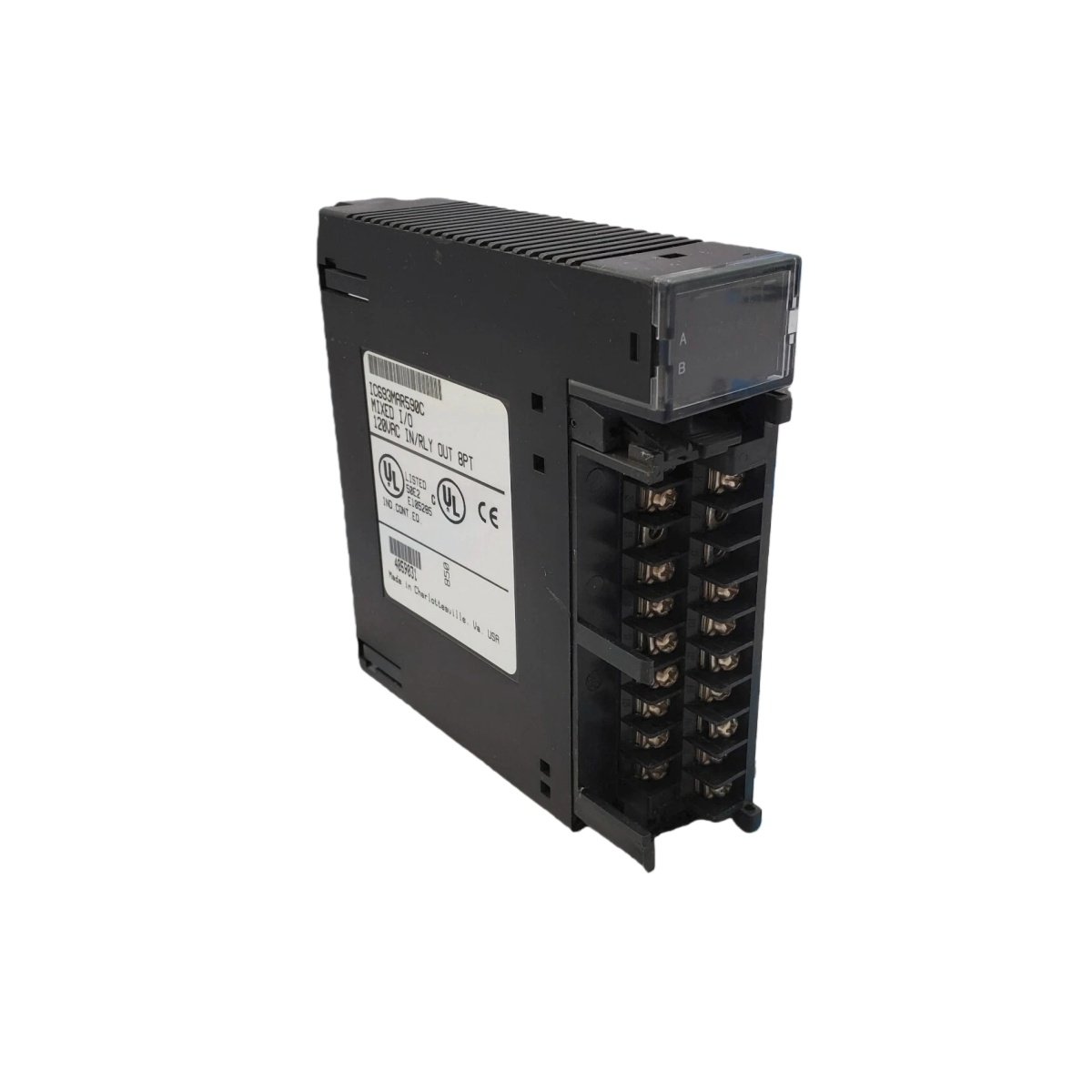 GE IC693MAR590 AC input/relay output module. Features 8 inputs at 120V AC, 6 relay outputs at 2A, 0.38kg weight, and 12ms input response time.