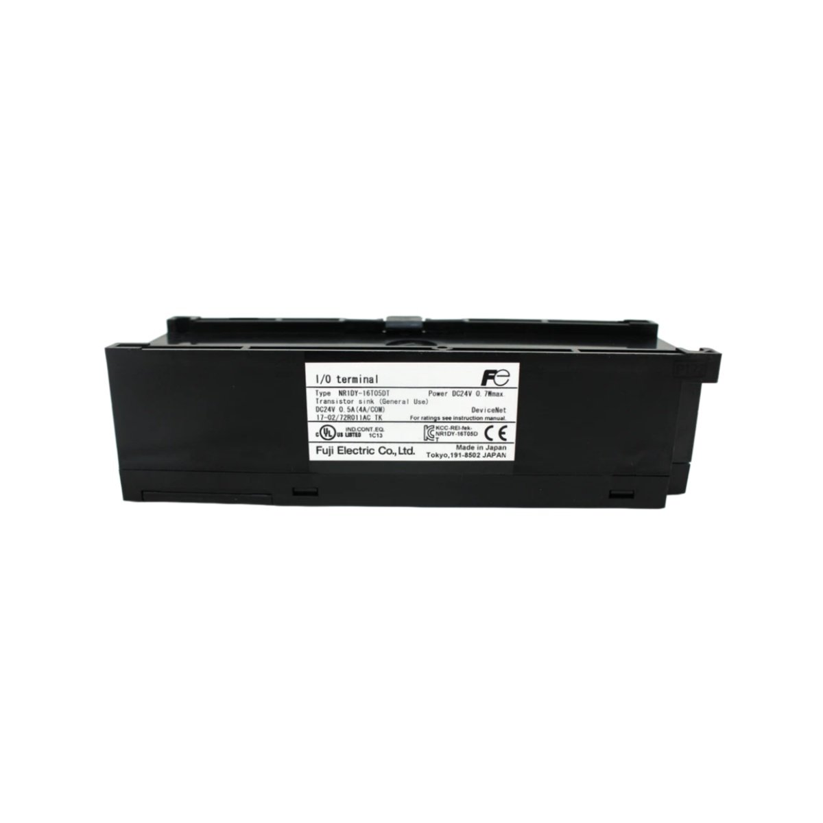 FUJI NR1DY-16T05DT output terminal with 16 spring-clamp points rated at 5A. Accepts 0.2-1.5mm² wires for PLC output signal distribution.