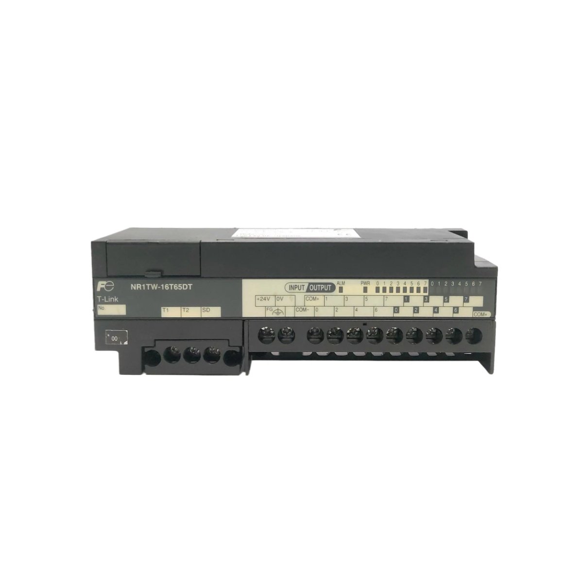 FUJI NR1TW-16T65DT terminal module with 16 spring-clamp points rated at 10A. Accepts 0.2-2.5mm² wires for industrial control panel wiring.