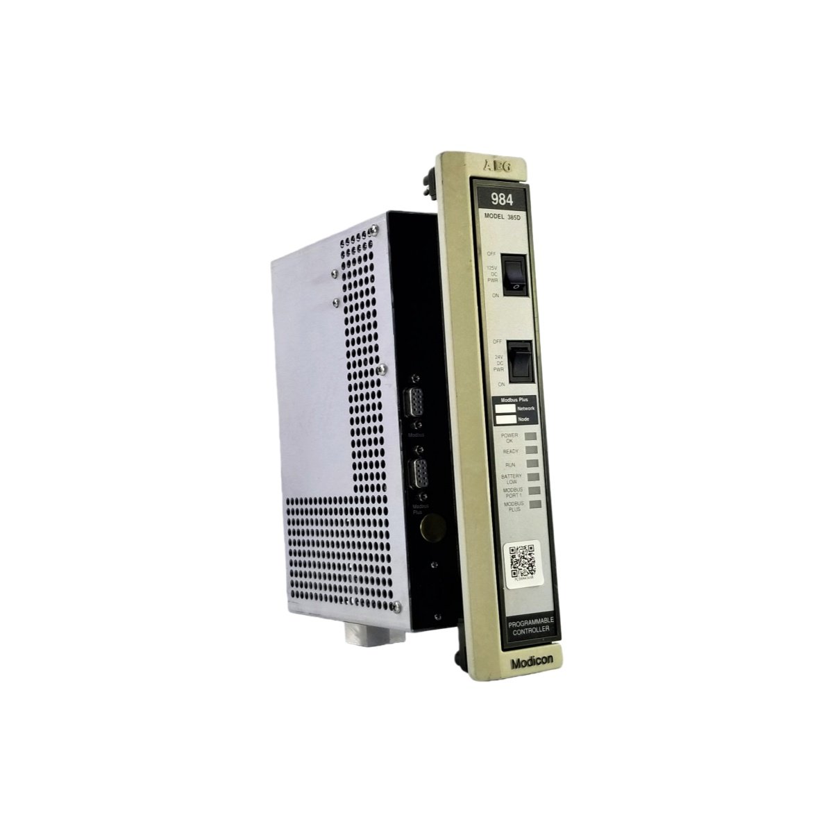 Schneider PC-D984-385 power supply module for Modicon 984 PLC. 120/220V AC input, 16K program memory, 512 I/O support, IP20. CE/UL certified. In stock.