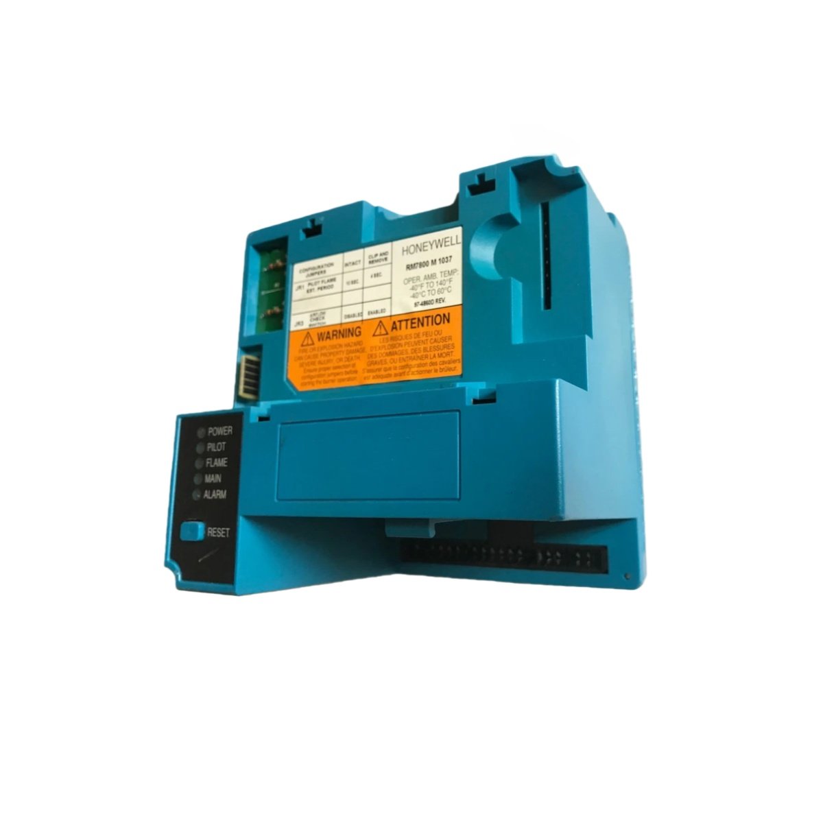 Honeywell RM7800M1037 burner control unit with 120V, 10W power, -40°C to +60°C, SIL 3 capable. Modbus and remote reset options. In stock.