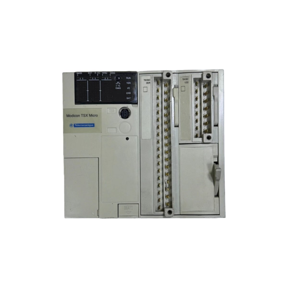 Order the SCHNEIDER TSX3710028DR1 modular base controller with 24 inputs, 16 outputs, 48KB RAM, Modbus, and 1.2kg weight for Modicon automation.
