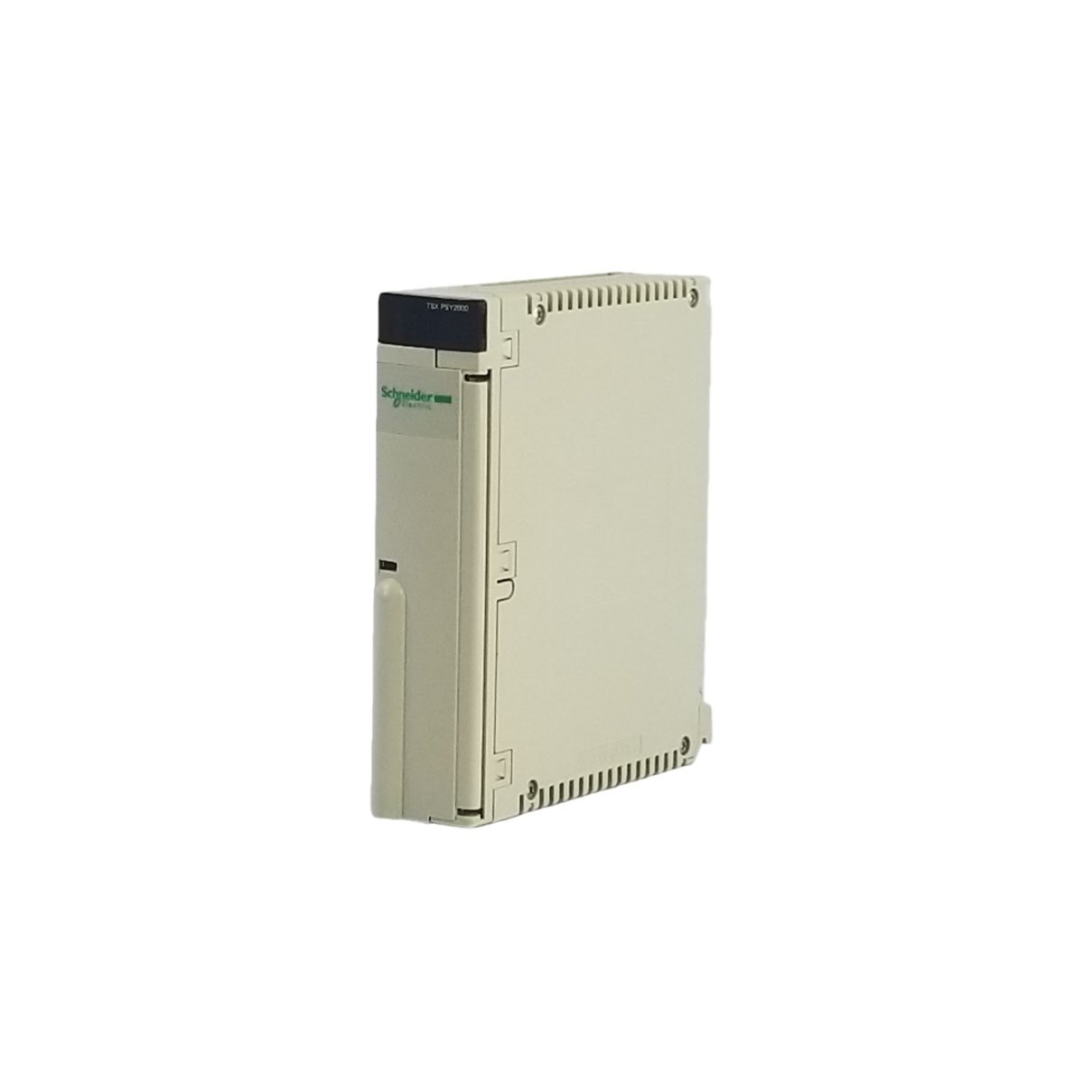 Schneider TSXPSY2600M power supply module. Features 5V at 3A output, 24V at 0.6A, 78% efficiency, 0.32kg weight, and 15ms hold-up time for TSX Micro.