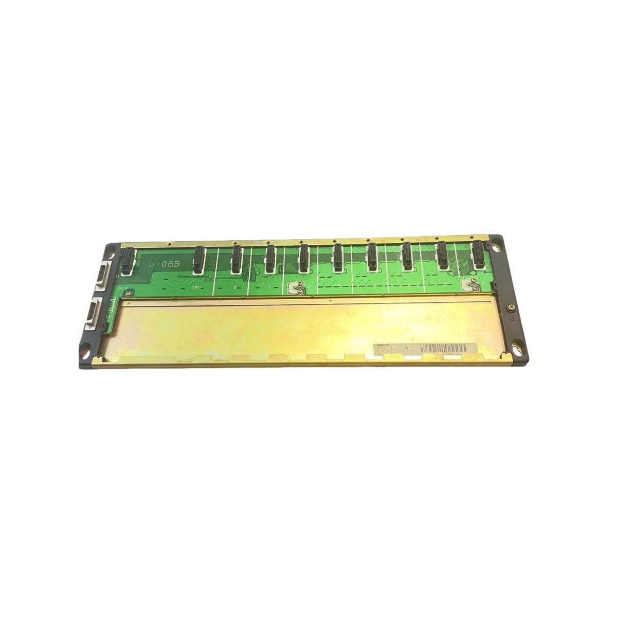 Siemens U-08B 8-slot rack base unit for SIMATIC PLC, 24V DC, IP20, -25°C to +60°C, 0.35kg. Robust chassis for industrial control system expansion.