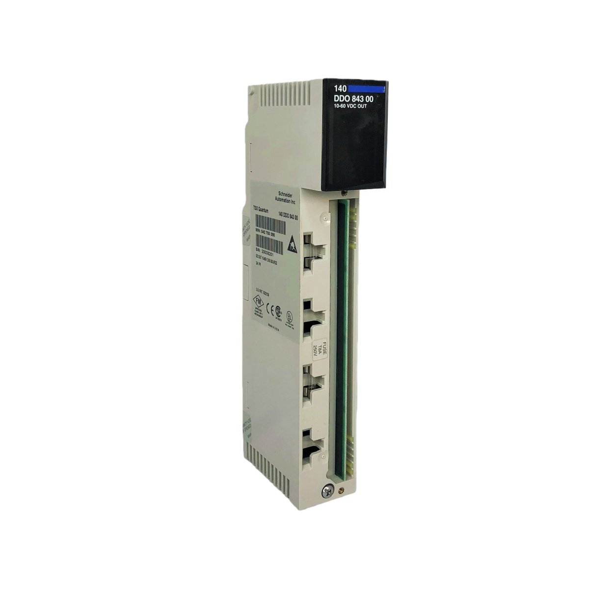 Schneider 140DDO84300C 16-channel discrete output module for Modicon Quantum. 10-60VDC, 2 groups, 2500V isolation, conformal coated. In stock.