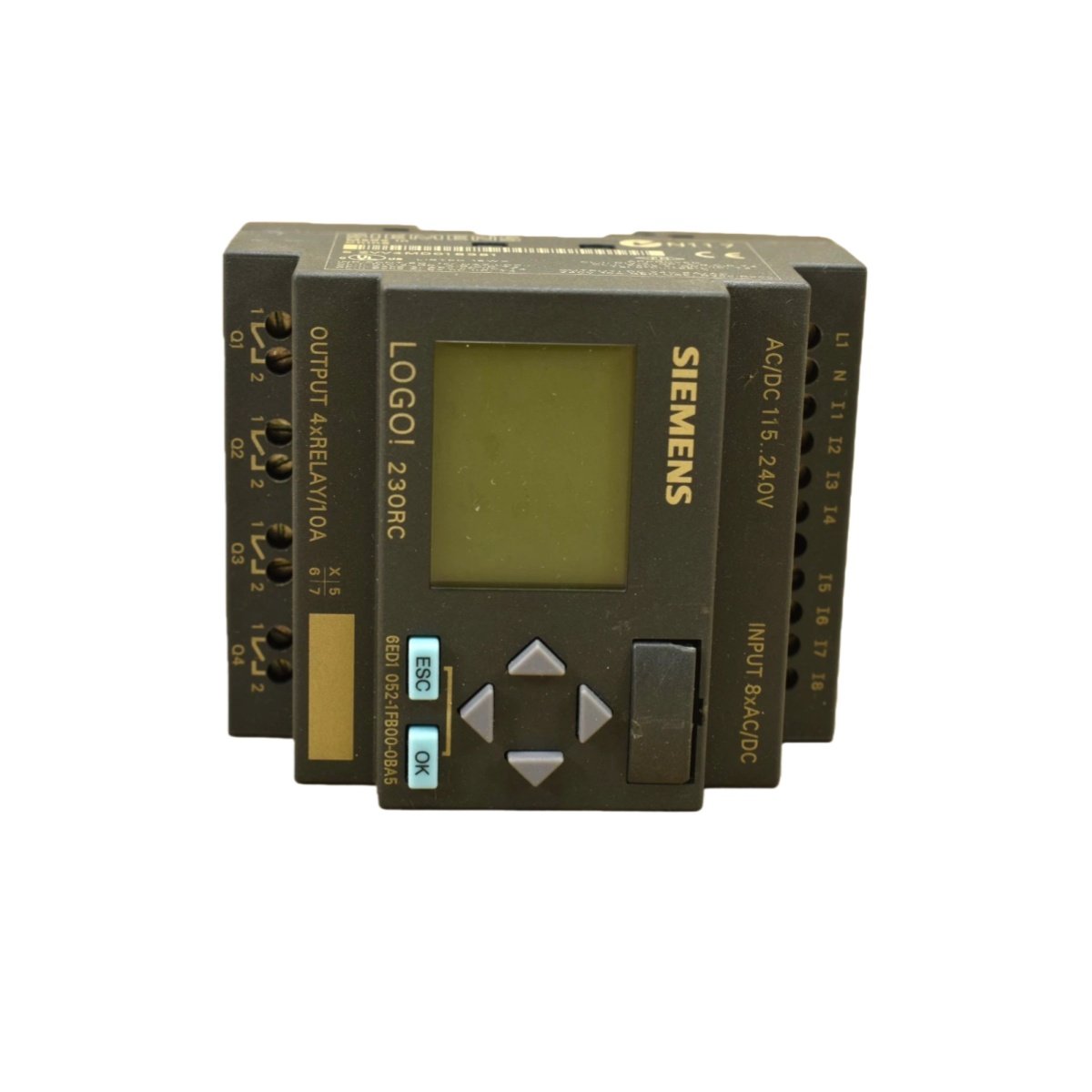 Siemens 6ED1052-1FB00-0BA5 LOGO! 230RC Logic Module with 8 digital inputs, 4 relay outputs, 115–240 V AC/DC supply, LCD display, and DIN rail mounting.