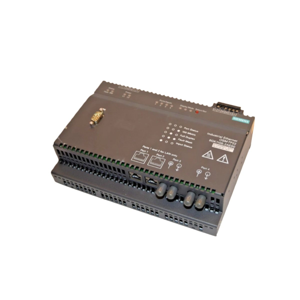 Siemens 6GK1105-2AE00 OSM TP22 optical switch module. 2 BFOC fiber ports, 2 RJ45, 3 km range, PROFINET, 0.5 kg. Industrial-grade.