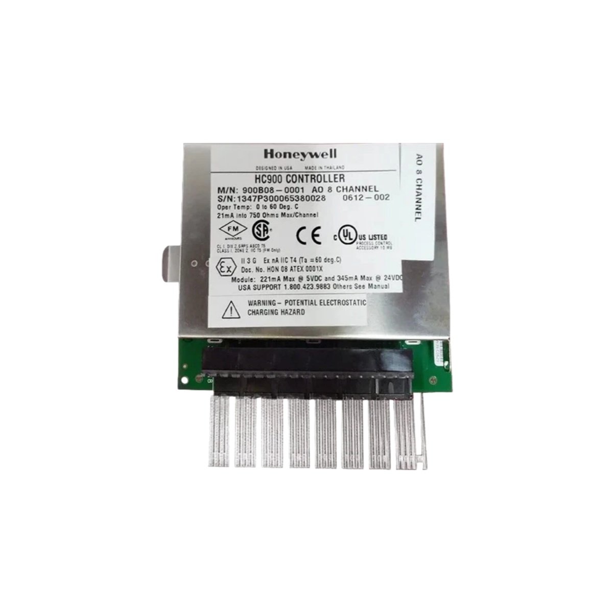 Honeywell 900B08-0202 analog output module, 8 channels, 0-20mA, 750Ω load, 500V isolation, diagnostics for ControlEdge HC900 systems.