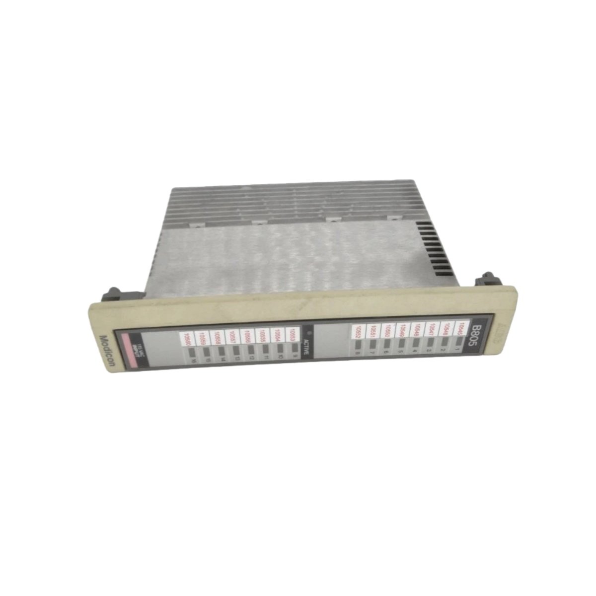 Schneider ASB804148 8-channel output module for Modicon PLC. 2A per channel, MOSFET solid state, short-circuit/thermal protected, 0.18kg, 45x120x75mm.