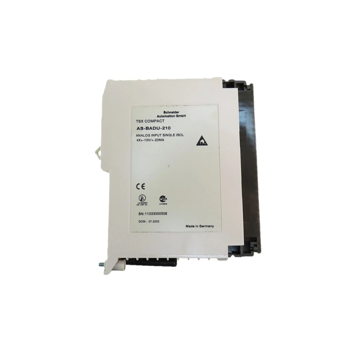 Schneider ASBADU210 analog input module with 16 channels, 14-bit resolution, and 4-20 mA/0-10 V support. Hot-swappable for Modicon M580 systems.