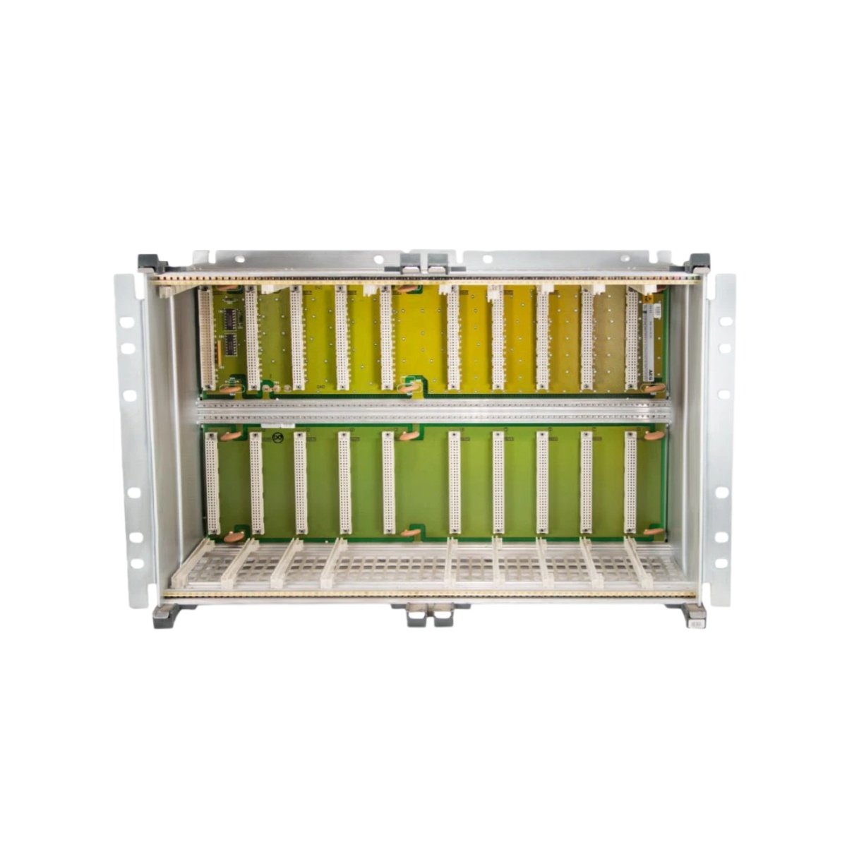 Schneider CBGT 410 10 Slot Rack with integrated backplane, rugged metal construction, 10 module slots, and detailed technical specifications