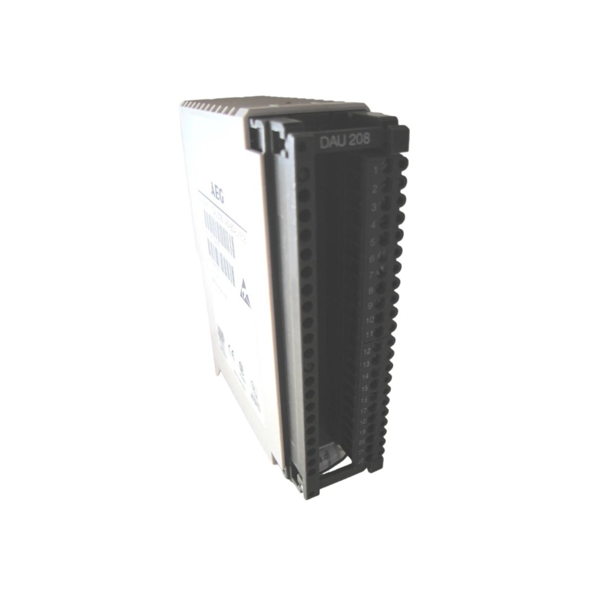 Schneider DAU 208 analog output module with 8 isolated channels, 12-bit resolution, 0-20mA/0-10V ranges, and hot-swap support for Momentum PLCs.