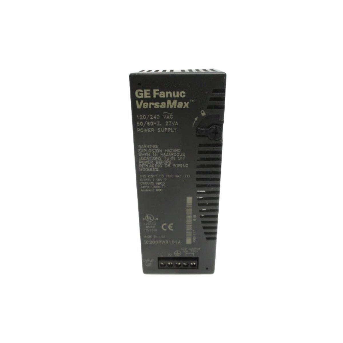 GE IC200PWR101 power supply module delivers 5V/3A and 24V/1.5A for VersaMax PLC systems, accepts 85-264V AC input, DIN rail mount.