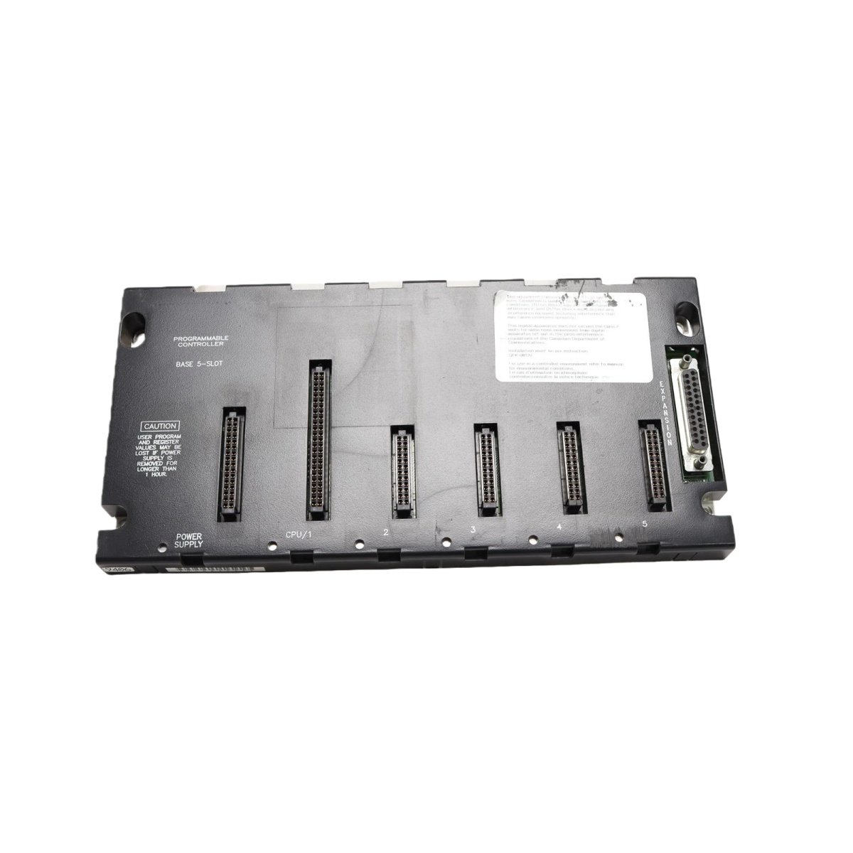 GE IC693CHS397C robust 5-slot main chassis baseplate for Series 90-30 PLC. Features heavy-duty metal construction, expansion port, and DIN-rail mounting.
